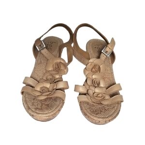 BOC Born Concept Floral Embellished Leather Buckle Ankle Strap Cork Wedge Sandal